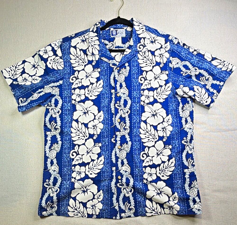 RJC Mens Hawaiian Floral Short Sleeve Button Up Shirt XL Blue White Cotton